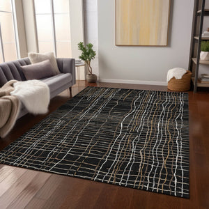Homeroots 3' Black Ivory And Brown Striped Washable Area Rug For Indoor And Outdoor Spaces, Durable & Stylish 10' X 14' Polyester 597378