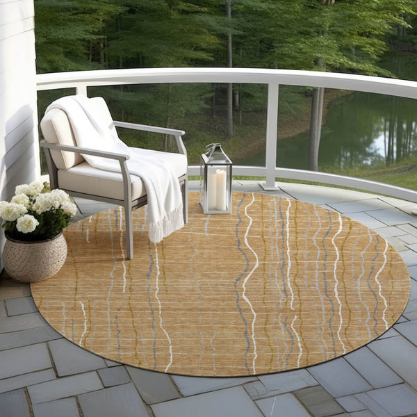 Homeroots 3' Black Ivory And Brown Striped Washable Area Rug For Indoor And Outdoor Spaces, Durable & Stylish 8' Round Polyester 597387