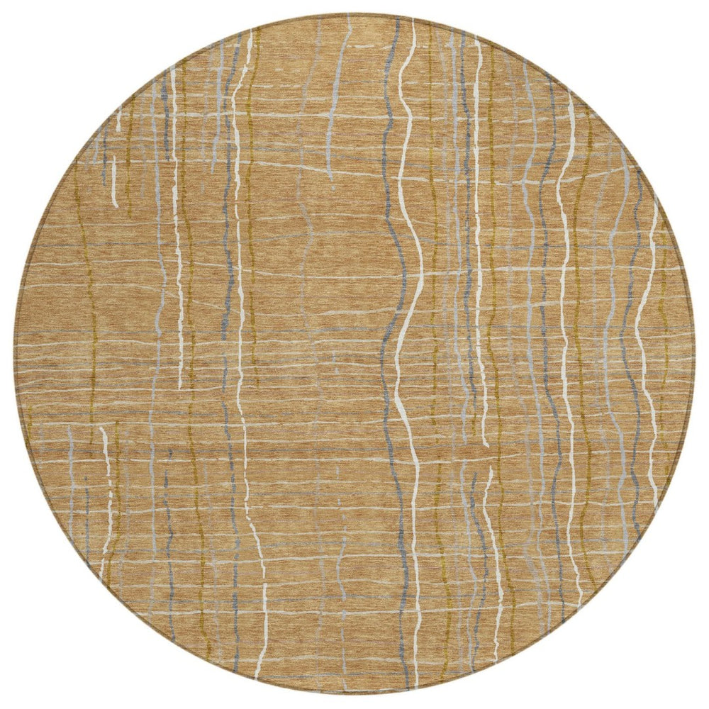 HomeRoots 5' Stylish Gold Gray Ivory Striped Washable Area Rug for Indoor and Outdoor Spaces, Easy Care & Durable 8' Round 597387
