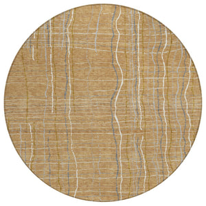 HomeRoots 5' Stylish Gold Gray Ivory Striped Washable Area Rug for Indoor and Outdoor Spaces, Easy Care & Durable 8' Round 597387