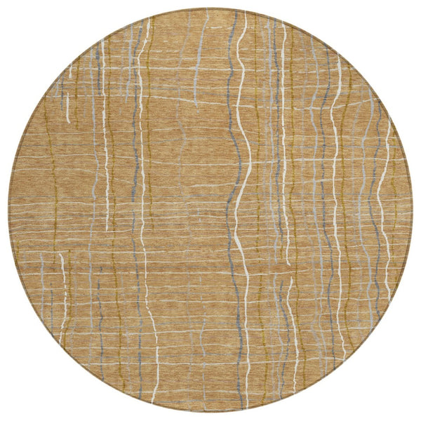 HomeRoots 5' Stylish Gold Gray Ivory Striped Washable Area Rug for Indoor and Outdoor Spaces, Easy Care & Durable 8' Round 597387