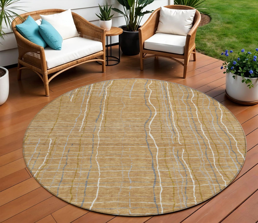 HomeRoots 5' Stylish Gold Gray Ivory Striped Washable Area Rug for Indoor and Outdoor Spaces, Easy Care & Durable 8' Round 597387