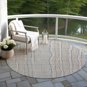 Homeroots 3' Black Ivory And Brown Striped Washable Area Rug For Indoor And Outdoor Spaces, Durable & Stylish 8' Round Polyester 597393