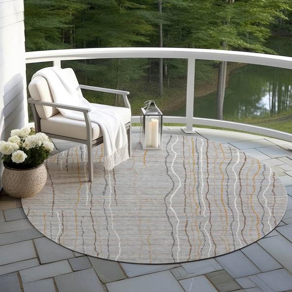 Homeroots 3' Black Ivory And Brown Striped Washable Area Rug For Indoor And Outdoor Spaces, Durable & Stylish 8' Round Polyester 597393