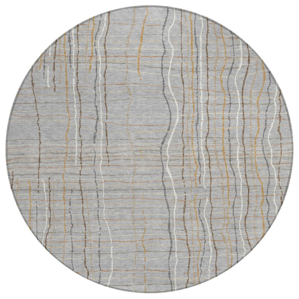 HomeRoots 5' Durable Gray Brown Ivory Striped Washable Area Rug for Indoor & Outdoor Use - Easy Care Comfort 8' Round 597393