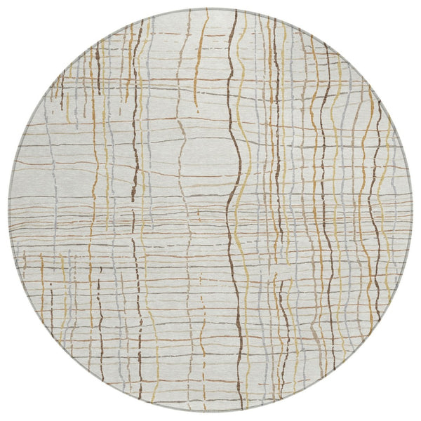 HomeRoots 5' Classic Ivory, Brown & Gold Striped Washable Area Rug for Indoor & Outdoor Use, Durable Design 8' Round 597399