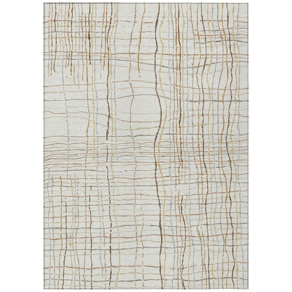 HomeRoots 5' Classic Ivory, Brown & Gold Striped Washable Area Rug for Indoor & Outdoor Use, Durable Design 8' X 10' 597400