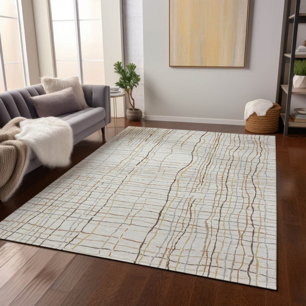 Homeroots 3' Black Ivory And Brown Striped Washable Area Rug For Indoor And Outdoor Spaces, Durable & Stylish 8' X 10' Polyester 597400