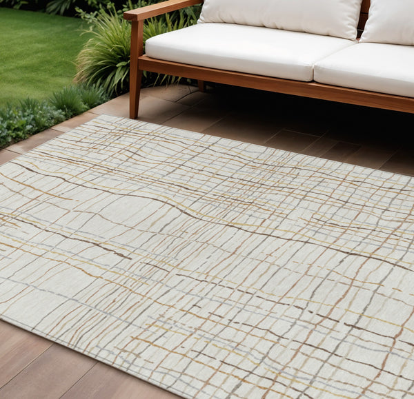 Homeroots 3' Black Ivory And Brown Striped Washable Area Rug For Indoor And Outdoor Spaces, Durable & Stylish 10' X 14' Polyester 597402