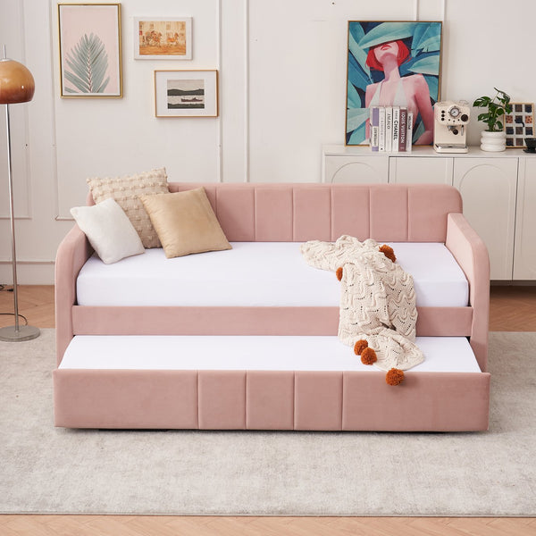 English Elm Twin Upholstered Daybed with Trundle Sofa Bed for Guest Room, Pine Wood Frame, Velvet Upholstery, Sturdy Slat Support and Full-Length Comfort Pink W1361S00023