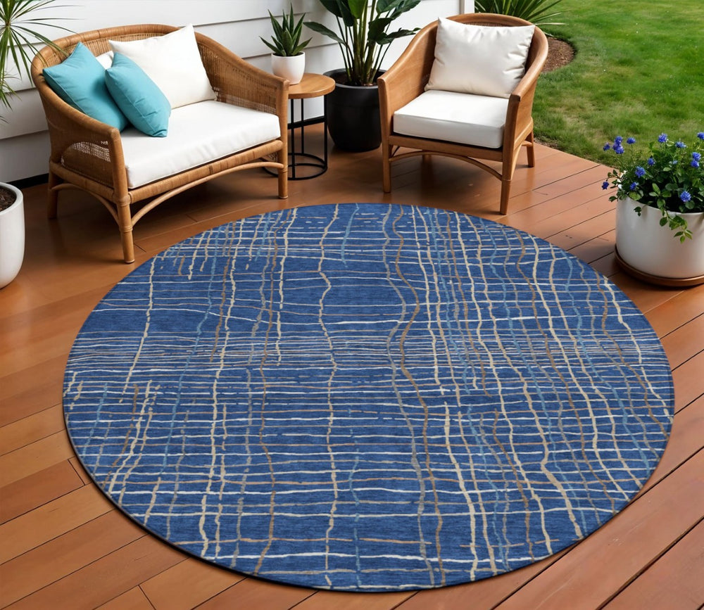 HomeRoots 5' Washable Indoor Outdoor Area Rug in Navy Blue, Gray, and Brown Stripes - Durable, Stylish & Easy Care 8' Round 597411