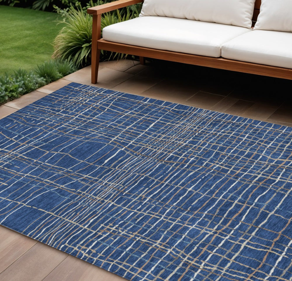 HomeRoots 9' X 12' Stylish Washable Indoor/Outdoor Area Rug – Durable Navy, Gray & Brown Stripes for All Spaces 597413
