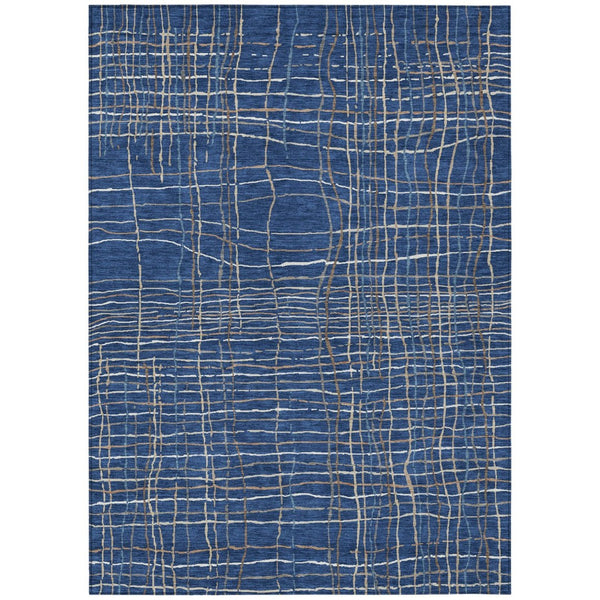 HomeRoots 5' Washable Indoor Outdoor Area Rug in Navy Blue, Gray, and Brown Stripes - Durable, Stylish & Easy Care 10' X 14' 597414