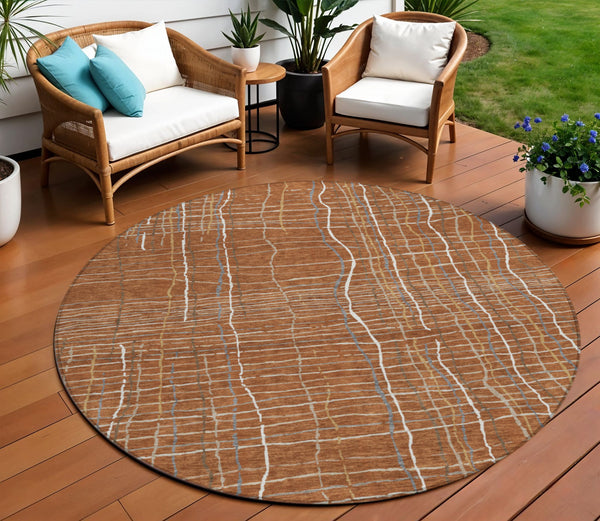 Homeroots 3' Black Ivory And Brown Striped Washable Area Rug For Indoor And Outdoor Spaces, Durable & Stylish 8' Round Polyester 597423