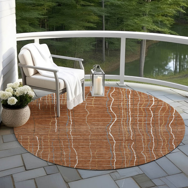 Homeroots 3' Black Ivory And Brown Striped Washable Area Rug For Indoor And Outdoor Spaces, Durable & Stylish 8' Round Polyester 597423