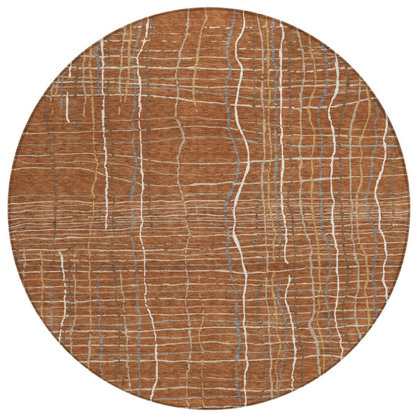 HomeRoots 5' Durable Brown Copper and Gray Striped Washable Area Rug for Indoor and Outdoor Versatility 8' Round 597423