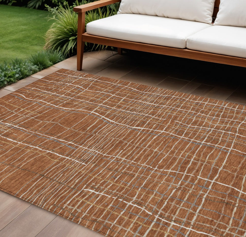 HomeRoots 9' X 12' Striped Washable Indoor-Outdoor Rug in Brown-Copper and Gray - Durable, Stylish & Versatile! 597425
