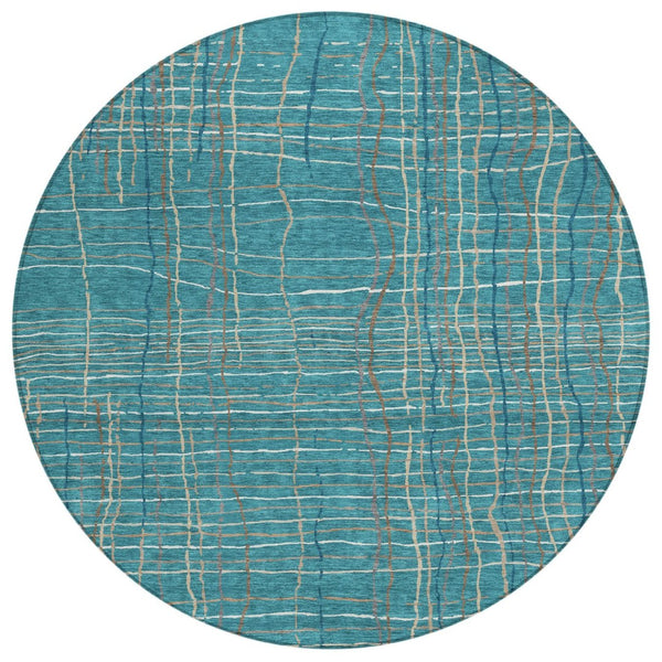 HomeRoots 5' Washable Striped Area Rug in Teal, Blue, Gray & Brown - Durable, Stylish for Indoor & Outdoor Use 8' Round 597435