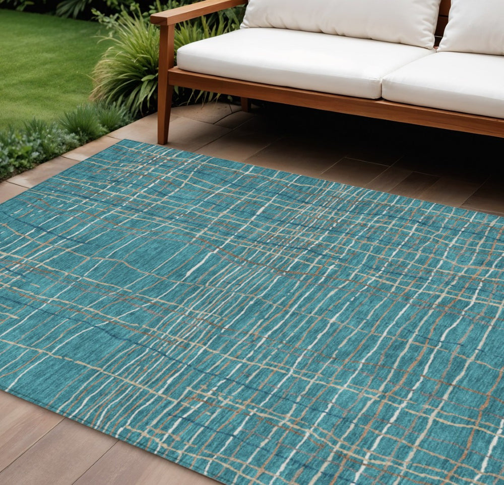 HomeRoots 5' Washable Striped Area Rug in Teal, Blue, Gray & Brown - Durable, Stylish for Indoor & Outdoor Use 10' X 14' 597438