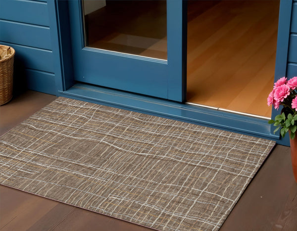 Homeroots 3' Black Ivory And Brown Striped Washable Area Rug For Indoor And Outdoor Spaces, Durable & Stylish 3' X 5' Polyester 597439