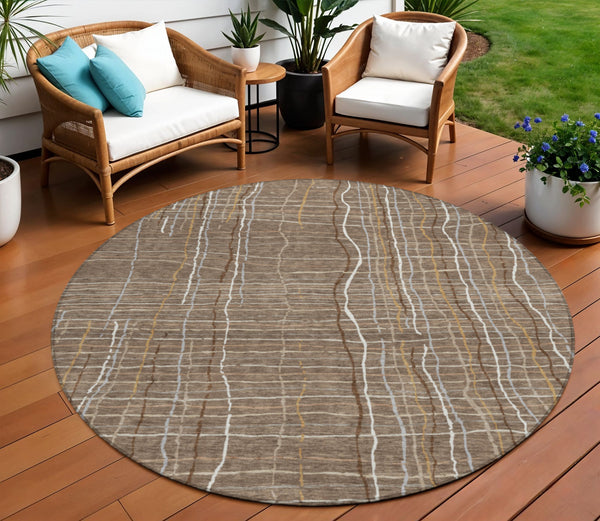 Homeroots 3' Black Ivory And Brown Striped Washable Area Rug For Indoor And Outdoor Spaces, Durable & Stylish 8' Round Polyester 597441