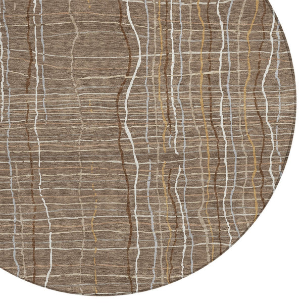 Homeroots 3' Black Ivory And Brown Striped Washable Area Rug For Indoor And Outdoor Spaces, Durable & Stylish 8' Round Polyester 597441