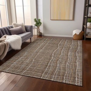 Homeroots 3' Black Ivory And Brown Striped Washable Area Rug For Indoor And Outdoor Spaces, Durable & Stylish 8' X 10' Polyester 597442