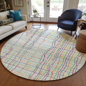 Homeroots 3' Black Ivory And Brown Striped Washable Area Rug For Indoor And Outdoor Spaces, Durable & Stylish 8' Round Polyester 597447