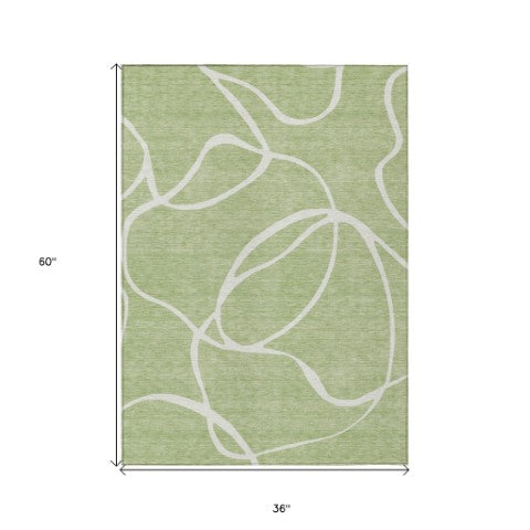 Homeroots 3' Artichoke Green Abstract Washable Area Rug - Perfect For Indoor And Outdoor Spaces, Easy Care 3' X 5' Polyester 597451