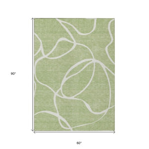 Homeroots 3' Artichoke Green Abstract Washable Area Rug - Perfect For Indoor And Outdoor Spaces, Easy Care 5' X 8' Polyester 597452