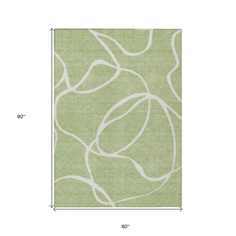 Homeroots 3' Artichoke Green Abstract Washable Area Rug - Perfect For Indoor And Outdoor Spaces, Easy Care 5' X 8' Polyester 597452