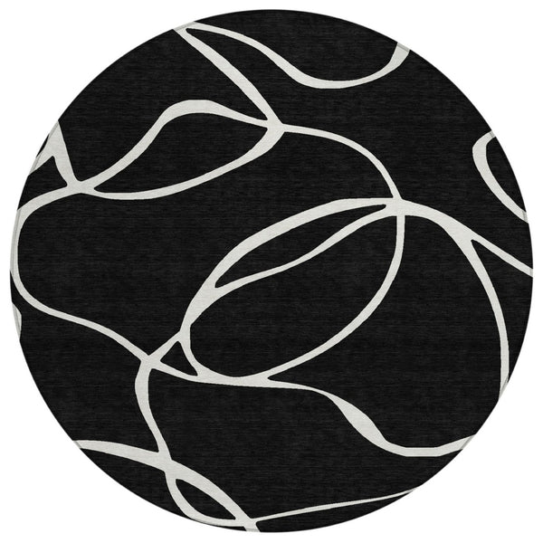HomeRoots 5' Black and Ivory Abstract Area Rug - Stylish, Durable Design for Indoor and Outdoor Spaces 8' Round 597459