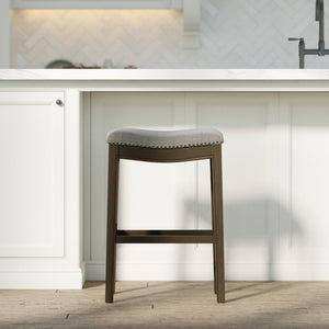 English Elm 31in. Farmhouse Whitewash Hardwood Barstool Nailhead Upholstered Seat Kitchen Island Accent Smoke Grey B2751P436421