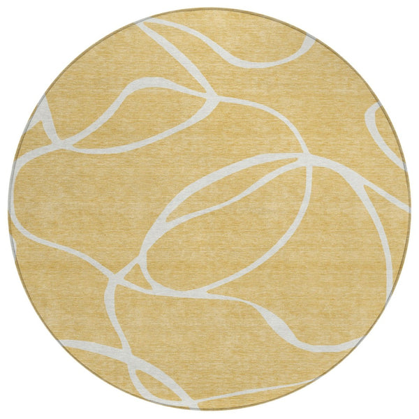 HomeRoots 5' Gold and Ivory Abstract Area Rug – Stylish, Washable, Durable Indoor/Outdoor Solution for Any Space 8' Round 597477
