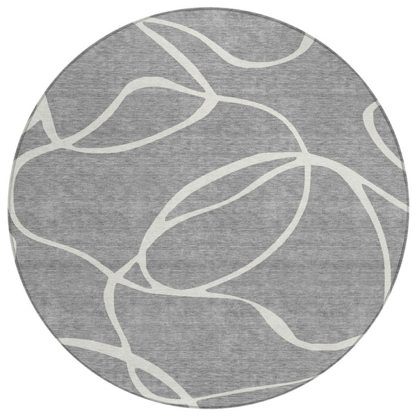 HomeRoots 5' Stylish Gray and Ivory Abstract Washable Area Rug for Indoor and Outdoor High-Traffic Use 8' Round 597483