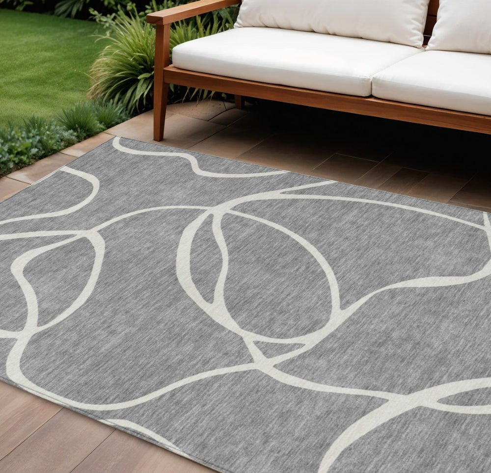 HomeRoots 9' X 12' Gray and Ivory Abstract Area Rug - Stylish, Washable, Stain-Resistant for Indoor & Outdoor Use 597485