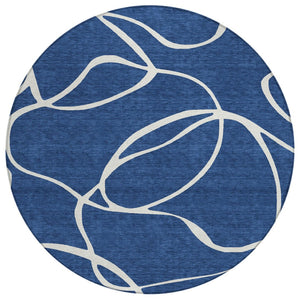 HomeRoots 5' Navy Blue and Ivory Abstract Indoor Outdoor Area Rug - Durable, Stylish, and Machine Washable Design 8' Round 597495