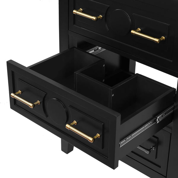 English Elm 24'' Bathroom Vanity with Ceramic Sink and 3 Drawers Retro Solid Wood Frame Freestanding Storage Black N710P371184B
