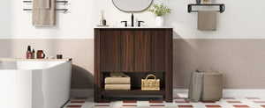 English Elm Christopher Knight Home® - 36" Modern Wall-Mounted Bathroom Vanity with Ceramic Sink, Soft-Close Doors, Fluted Accent & Open Shelves Antique brown N817P245321B