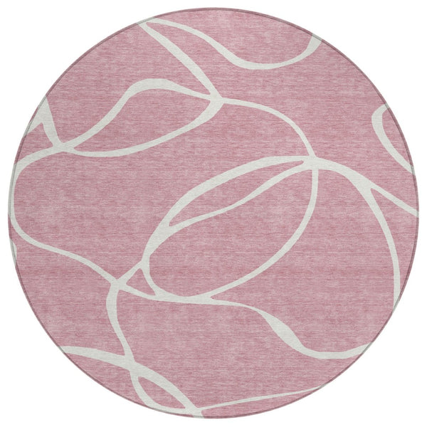 HomeRoots 5' Pink And Ivory Abstract Area Rug - Modern, Washable Design for Indoor & Outdoor Use, Durable Style 8' Round 597501