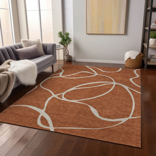HomeRoots 9' X 12' Copper and Ivory Abstract Area Rug - Washable, Durable, Perfect for Indoor & Outdoor Spaces! 597509