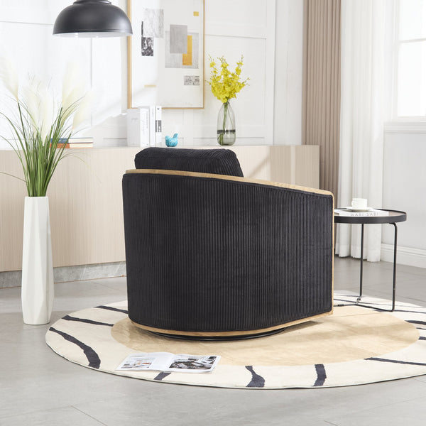 English Elm Corduroy Swivel Barrel Chair with Sturdy Wood Frame & Metal 360° Base, Plush Corduroy Comfort Pop Black W395P220274