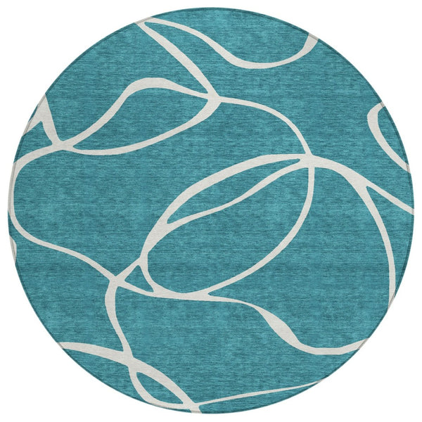 HomeRoots 5' Teal Blue and Ivory Abstract Indoor Outdoor Area Rug – Stylish, Washable, and Stain Resistant! 8' Round 597525