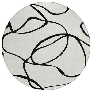 HomeRoots 5' Stylish White and Black Abstract Area Rug - Durable, Washable, Indoor/Outdoor Versatility for Any Space 8' Round 597531