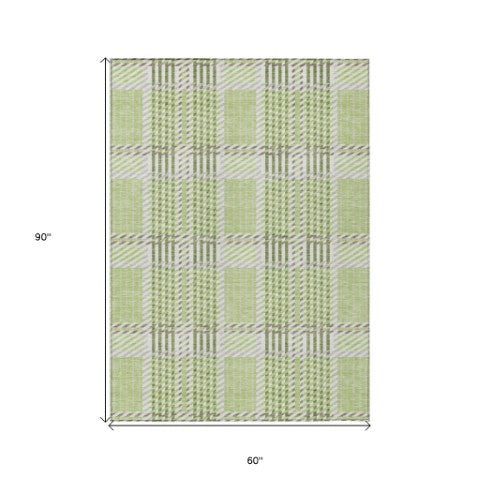 Homeroots 3' Artichoke Green Gray Brown Plaid Washable Area Rug For Indoor Outdoor Spaces, Durable & Stylish 5' X 8' Polyester 597536