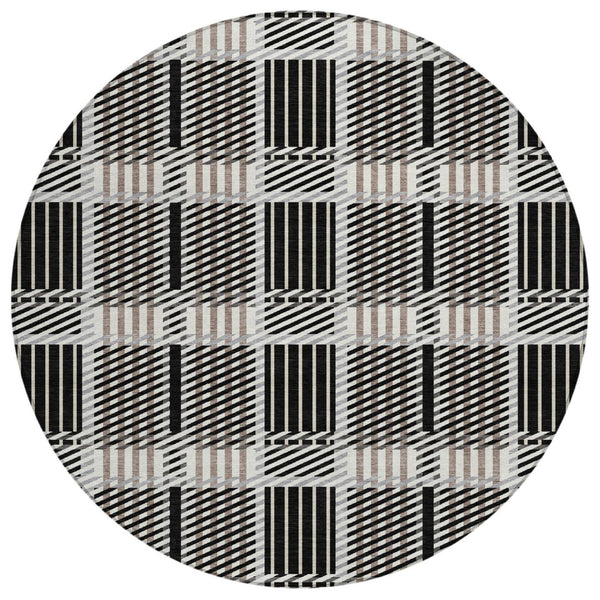 HomeRoots 5' Stylish Black Gray Brown Plaid Washable Area Rug for Indoor and Outdoor Durability and Elegance 8' Round 597543