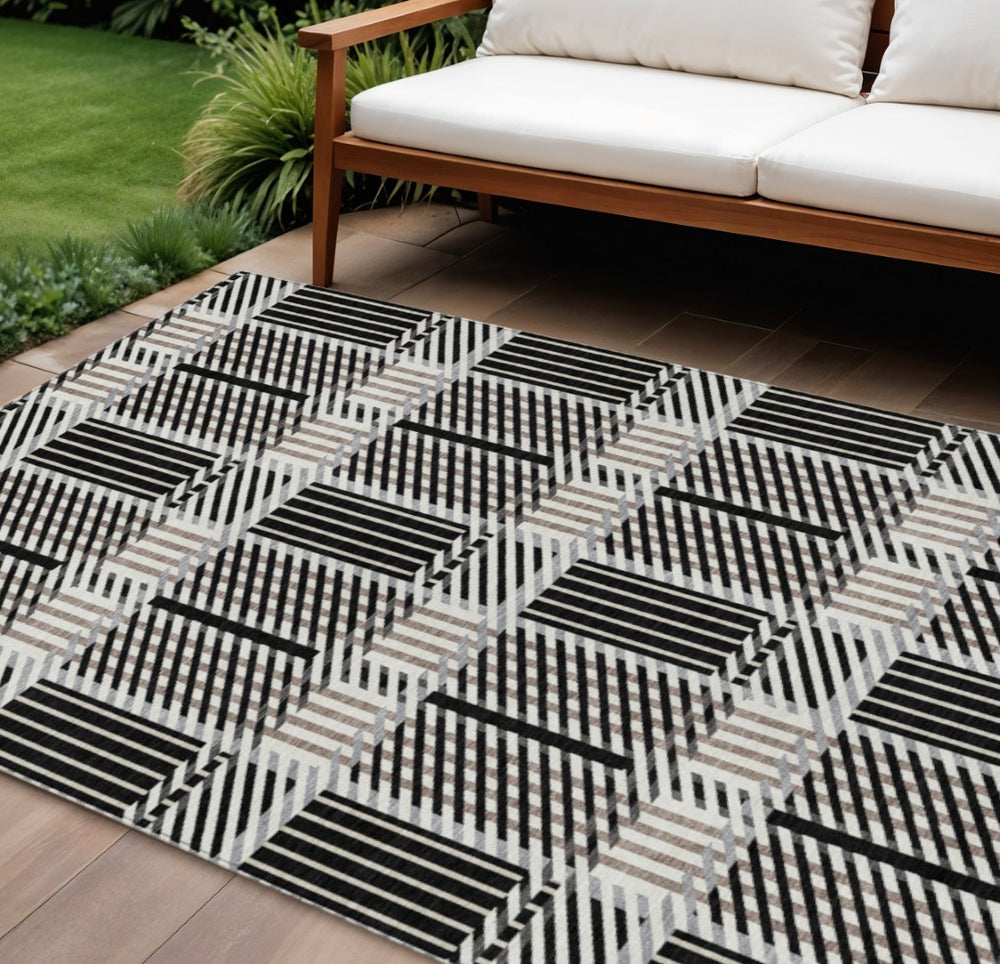 HomeRoots 5' Stylish Black Gray Brown Plaid Washable Area Rug for Indoor and Outdoor Durability and Elegance 10' X 14' 597546