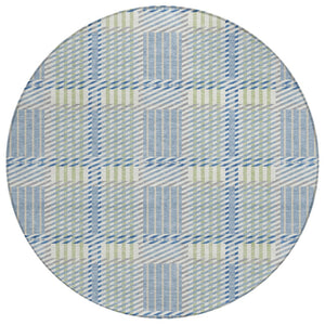 HomeRoots 5' Durable Denim Blue Green Ivory Plaid Washable Area Rug for Indoor Outdoor Spaces, Easy Care 8' Round 597549