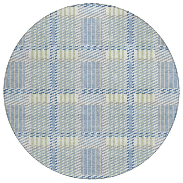 HomeRoots 5' Durable Denim Blue Green Ivory Plaid Washable Area Rug for Indoor Outdoor Spaces, Easy Care 8' Round 597549