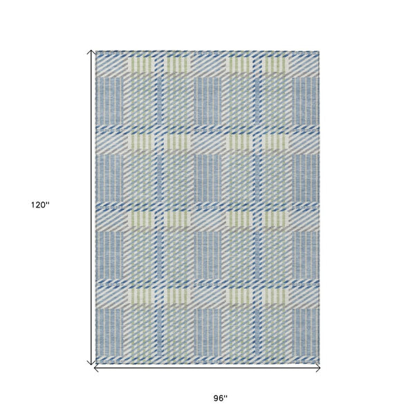 HomeRoots 5' Durable Denim Blue Green Ivory Plaid Washable Area Rug for Indoor Outdoor Spaces, Easy Care 8' X 10' 597550
